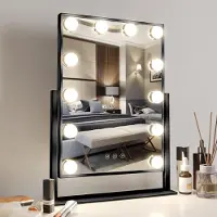 Zelurxx Miroir de maquillage, avec éclairage, 12 LED à intensité variable, pivotant à 360°, lumière 3 couleurs, écran de contrôle tactile intelligent, miroir, noir, 36 x 47 cm