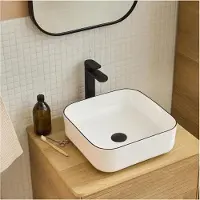MOB-IN Vasque à poser carrée en céramique blanche avec liseret noir 37cm