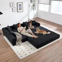 LVHOM Canapé-lit modulaire en velours côtelé, 7 en 1 Canapé rembourré pliable, Lit de jour sans montage, Canapé de sol avec poches latérales, Noir