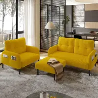 LVHOM Cord Set 3 pièces 2 places+fauteuil+pouf, Flexible pour salon Canapé d'angle avec poches latérales, Ensemble de salon jaune