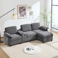 LVHOM Canapé 3 places avec pouf, canapé d'angle en L avec espace de rangement, prise USB-C et 2 porte-boissons, canapé modulable, gris foncé