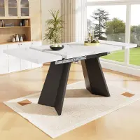 SUCCESS COURIER Table à rallonges (99-159 cm) aspect marbre blanc, table télescopique avec pieds plats en acier au carbone, table de cuisine moderne et bureau pour le télétravail, peu encombrante