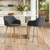 LVHOM Lot de 2 tabourets de bar en lin avec accoudoirs et dossier, tabourets de bar en bois de style scandinave, tabourets de bar rembourrés pour îlot de cuisine, noir
