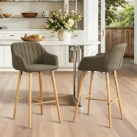LVHOM Lot de 2 tabourets de bar en lin avec accoudoirs et dossier, tabourets de comptoir en bois de style scandinave, tabourets de bar rembourrés pour îlot de cuisine, vert
