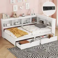 OKWISH Lit Banquette 90x200 cm - Avec 2 Tiroirs de Rangement, Prise et Ports USB - Sommier Inclus - Sans Matelas - Blanc