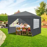 HENGDA Pavillon Pavillon pliant 3x3m Gris avec parois latérales Tente de réception Protection UV Réglable en hauteur Avec sac de transport, pour l'extérieur, le jardin, le camping