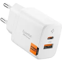 Spigen - Wall Charger Essential (EE202EU) - USB, Type-C, Fast Charging, Quantum Boost, 20W - White (20 W, 2 ports), Chargeur USB, Blanc