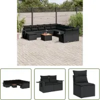The Living Store 12 pcs. salon de jardin avec coussins noir poly rotin
