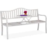 Relaxdays Banc de jardin avec table rabattable, 3 places, jardin, banc de balcon en métal, dimensions 89 x 150 x 58,5 cm, blanc-bronze
