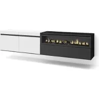 Skraut Home COZY Meuble TV, Banc Télé, 200x35x45cm, Pour les TV jusqu'à 80", Cheminée électrique, Suspendu, Mural, Blanc et noir