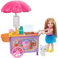Barbie Chelsea Set de jeu avec poupée et camion-restaurant, poupée de 15 cm, blonde, avec animal et accessoires