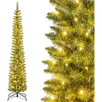 Costway Sapin de Noël artificiel 210cm avec 200 LED blanc chaud, Sapin crayon, Sapin de Noël étroit, Sapin artificiel Noël vert