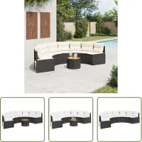 The Living Store Canapé de jardin avec table et coussins semi-circulaire noir Poly-Rattan