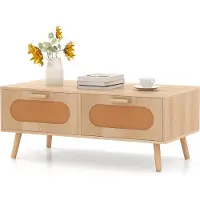 Costway Table basse en rotin, table basse mid-century moderne avec 2 tiroirs de rangement et compartiment arrière, table d'accent rectangulaire 100 x 50 x 41CM, naturel