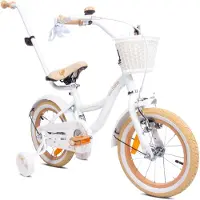 Sun baby Vélo pour fille 14 pouces (3-5 ans) avec roues d'entraînement, dispositif d'aide à la poussée, sonnette et panier Flower Bike, couleur écru et blanc