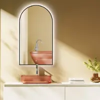 PonteSino HOKO Miroir de salle de bain arc LED 60x100cm avec cadre métallique, montage HAUT+QUI, miroir lumineux Arch+interrupteur tactile+lumière changeant 2700-6500K, blanc chaud-froid