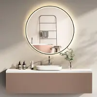 PonteSino HOKO Miroir de salle de bain design rond 60 cm Helsinki avec éclairage LED à économie d'énergie et cadre métallique noir. Interrupteur tactile, changement de couleur de la lumière.