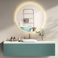 PonteSino HOKO Miroir de salle de bain design rond 80 cm Lisbonne avec cadre métallique doré. Miroir mural rond avec éclairage LED à économie d'énergie, interrupteur tactile, changement de couleur de la lumière