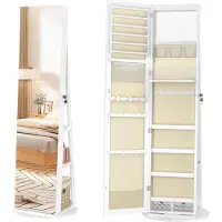 NaiZy Miroir Armoire à bijoux Rangement pour bijoux pivotant à 360°avec lampes LED et serrure de sécurité Armoire à glace debout 3 en 1 Miroir de maquillage intérieur 161 x 54.5 x 10 cm Blanc