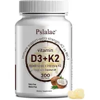 Pslalae Vitamine D3+K2 (300 capsules) Complément alimentaire, os, articulations, muscles, système immunitaire, énergie, métabolisme, santé des articulations