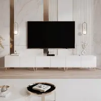 Idohome TV Lowboard Angel 300 cm blanc armoire TV haute brillance avec éclairage LED, armoire TV sur pieds métalliques dorés,Meuble média, Push-to-Open