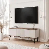 Idohome NAVANI TV-Lowboard 130 cm avec façade striée Soft-Close-System Meuble TV Salon Meuble média moderne & élégant Cachemire + Noyer