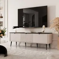Idohome NAVANI TV-Lowboard 160 cm avec façade cannelée Soft-Close-System Armoire TV Meuble média salon moderne & élégant Cachemire + gris pierre