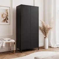 Idohome Armoire à deux portes battantes LORIEN 90 cm avec étagères et tringles à vêtements, armoire vestiaire noire à fermeture douce, motif à chevrons