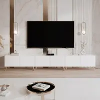Idohome TV Lowboard Angel 300 cm blanc mat - Armoire TV avec éclairage LED, armoire TV sur pieds métalliques dorés, meuble média, Push-to-Open