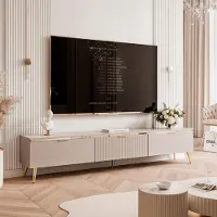 Idohome Meuble TV SELIA 200 cm avec moulures dorées et poignées - Meuble TV - Meuble multimédia pour salon à motif strié - Couleur cachemire