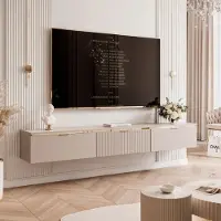 Idohome Meuble TV bas SELIA 200 cm avec moulures dorées et poignées Meuble TV Meuble TV suspendu strié Salon Meuble TV suspendu Cachemire