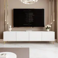 Idohome TV Lowboard Angel 200 cm blanc mat - Armoire TV avec éclairage LED, armoire TV sur pieds métalliques dorés, meuble média, Push-to-Open