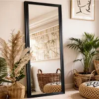 Zimilo Miroir en pied avec cadre rectangulaire en bois, 160 × 50 cm, miroir sur pied au design moderne, noir