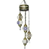 Halay Suspension mosaïque orientale blanche, hauteur 97 cm, largeur 20 cm, diamètre des boules 13,5 cm, douille E14