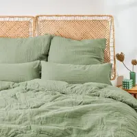 Everbrent Blumtal mousseline linge de lit 200x220 cm - Housse de couette 200x220 + 2x taies d'oreiller 80x80 vert