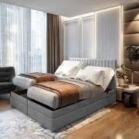 TRADA Adele Lit Boxspring adulte 200x200 Ensemble Matelas+sommier Relaxation électrique avec Matelas Ressorts ensachés, Rangement et surmatelas Gris