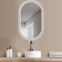 PonteSino HOKO Miroir de salle de bain LED antibuée Miroir mural ovale 45x75cm avec cadre en aluminium+LED Alternance blanc chaud/blanc froid/neutre 2700-6500K.Interrupteur tactile.Ravenna