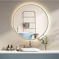PonteSino Miroir de salle de bain LED HOKO, rond, 60 cm, miroir mural LED avec cadre noir, anti-buée, interrupteur tactile, fonction mémoire, 3 couleurs de lumière, indice de protection IP44, modèle Salerno