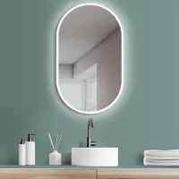 PonteSino HOKO Miroir ovale LED anti-buée 45x75 cm / 75x45 cm Tokio avec cadre métallique blanc, montage HAUT+QUI. Miroir lumineux+interrupteur tactile+changement de lumière.