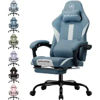 GTPLAYER Chaise de jeu Fauteuil de jeu ergonomique Chaise de bureau en tissu respirante Coussin d'assise à ressorts avec repose-pieds Bleu