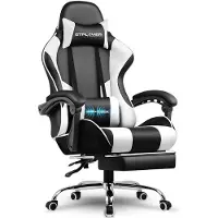 GTPLAYER Fauteuil gaming , fauteuil de bureau, fauteuil PC ergonomique, fauteuil gaming avec soutien lombaire massant, repose-pieds et appui-tête, similicuir blanc