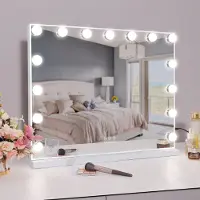 Vanitii Hollywood miroir de maquillage 58cm x 46cm avec éclairage 15 lampes à intensité variable 3 modes d'éclairage miroir de maquillage pour salle de bain coiffeuse blanc