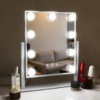 Vanitii Miroir de maquillage avec éclairage 25 x 30cm Eclairage LED 9 lampes à intensité variable 3 modes de couleur Miroir de maquillage pivotant à 360° pour la coiffeuse Blanc