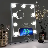 Vanitii Miroir de maquillage avec éclairage 25 x 30cm Eclairage LED 9 lampes à intensité variable 3 modes de couleur Bluetooth Miroir de maquillage pivotant à 360° pour la coiffeuse