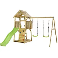 Kangui - Aire de jeux portique en bois WOODI - Double balançoire, toboggan, mur d'escalade, bac a sable, cabane, échelle