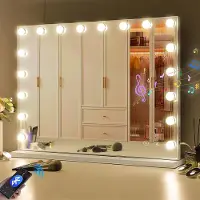 Vanitii Hollywood miroir de maquillage 80cm x 58cm avec éclairage 18 lampes à intensité variable 3 modes d'éclairage Bluetooth miroir de maquillage pour salle de bain coiffeuse blanc