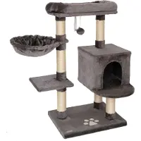 Lionto Arbre à chat 93 cm avec grotte, bac de repos, balle de jeu & troncs en sisal, arbre à chat compact, gris foncé