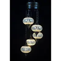 Halay Suspension turque en mosaïque avec 5 boules et armature argentée – Lampe orientale fabriquée à la main pour une ambiance chaleureuse