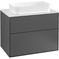 Villeroy & Boch Finion meuble sous lavabo, 2 tiroirs, avec éclairage, lavabo au centre, sans trou pour robinetterie, 800x603x501mm, Glass Black Matt, G63200PD
