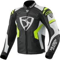 MUGENRACE Marcus blouson en cuir pour moto, noir/blanc/jaune fluo, 48